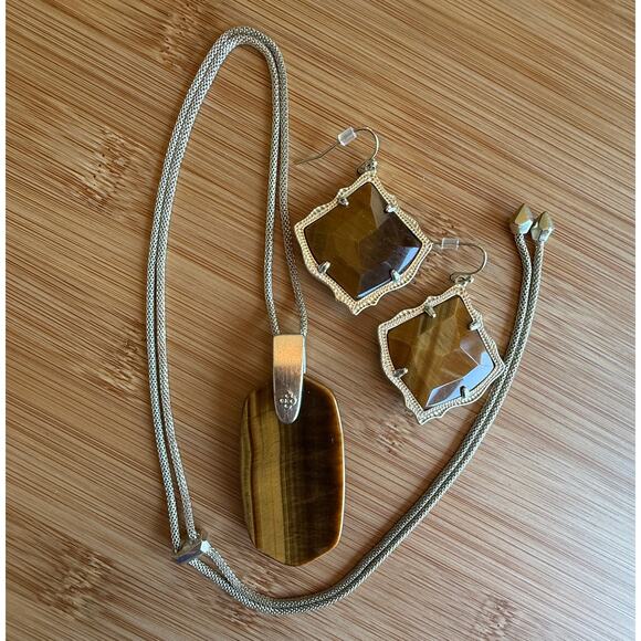 Kendra Scott Tiger Eye Set Inez Necklace Kirsten Earrings - Picture 1 of 7